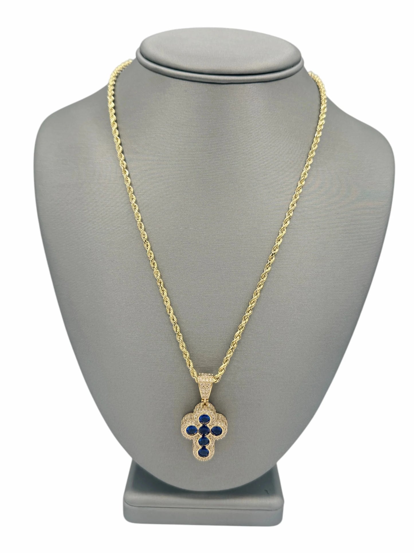 New 14K CZ Cross Pendant & Rope Chain