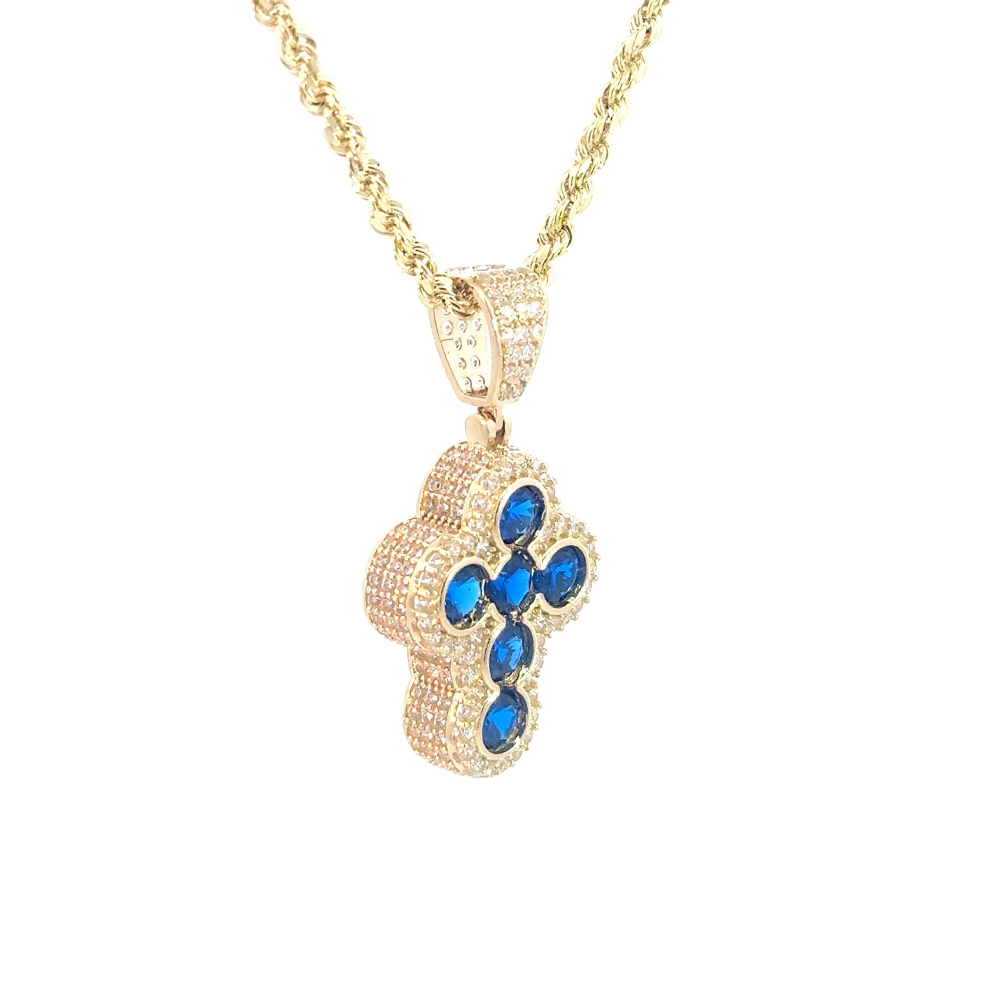 New 14K CZ Cross Pendant & Rope Chain