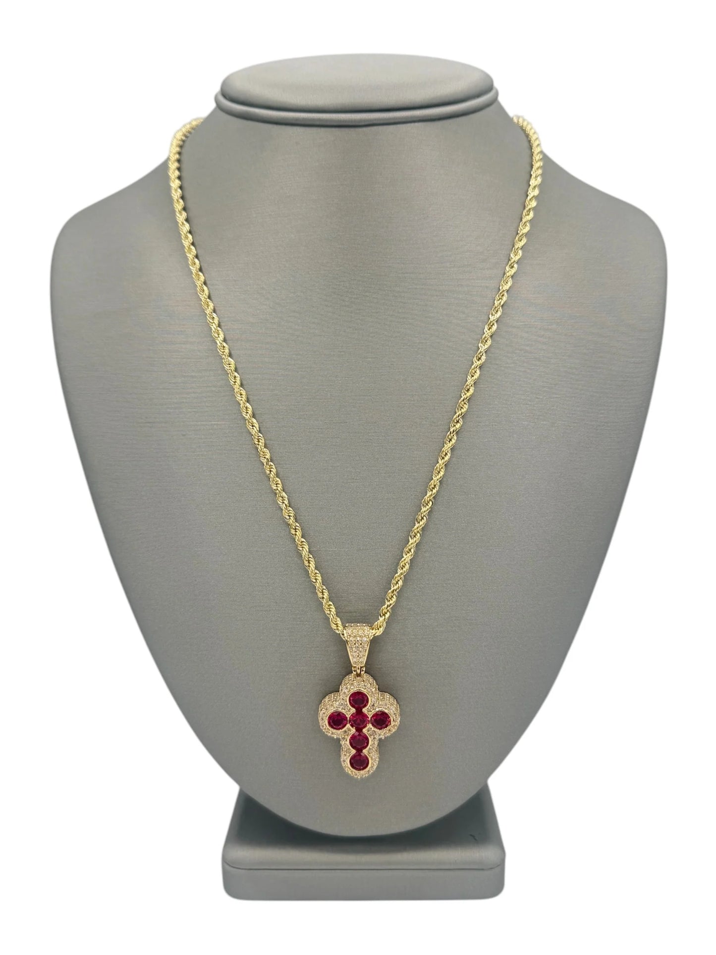 New 14K CZ Cross Pendant & Rope Chain