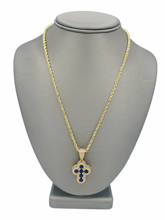 New 14K CZ Cross Pendant & Rope Chain
