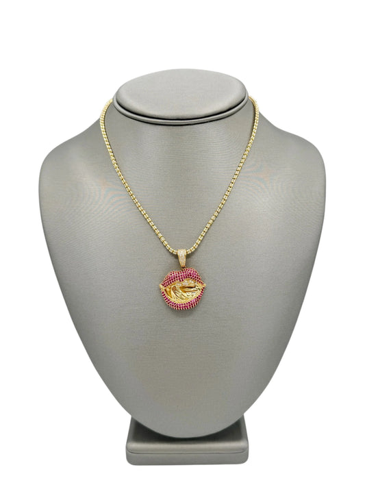 New 14K CZ Lips Pendant & Ice Chain
